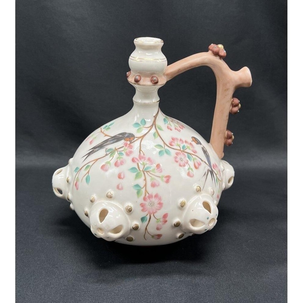 Antique Hand Painted Ceramic Ewer Bird Cherry Blossom Pierced Floral Pitcher